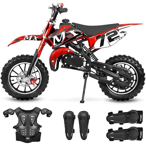49cc Kids Dirt Bike, Gas Powered 2-Stroke Dirt Bike, Off-Road Dirtbike for Kids with Front/Rear Disc Brakes, Shock Absorption, Armor, Max Speed 30MPH (Red)