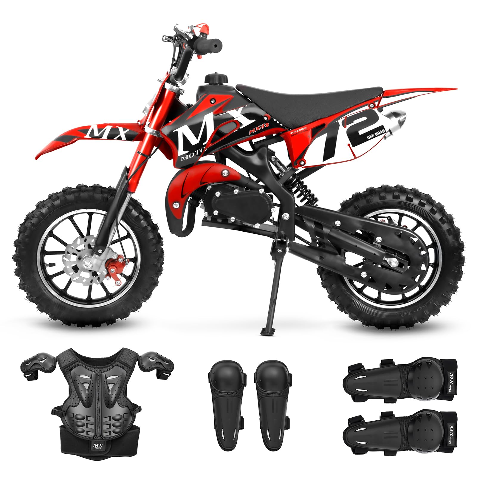 49cc Kids Dirt Bike, Gas Powered 2-Stroke Dirt Bike, Off-Road Dirtbike for Kids with Front/Rear Disc Brakes, Shock Absorption, Armor, Max Speed 30MPH (Red)