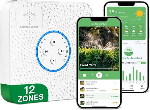ImoLaza 12 Zone WiFi Smart Sprinkler Controller, ET Master Irrigation Timer | Real-Time ET, Smart Watering, Weather Skip, No Subscription, Remote App Control, Works with Alexa, Fault Alerts,OTA Upgrades