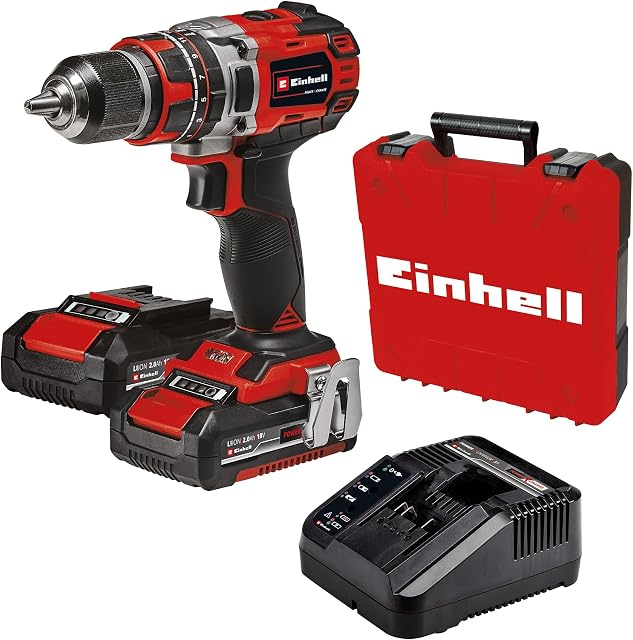 Einhell 4514360 Cordless 1/2" Hammer Drill/Driver Kit with Carry Case and 2 x 2.0 Ah Batteries and a Charger TP-CD 18/50 Li-i BL KIT (18V, 1800 RPM, 28800 BPM, 2-Speed Gearbox)