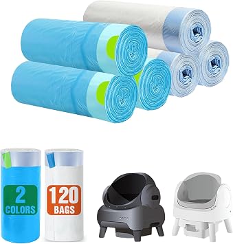 Automatic Cat Litter Box Liners Bags Compatible with Neakasa PetPivot and Similar Open Self-Cleaning Cat Litter Box 120 count Drawstring Heavy Duty Leak-proof White and Blue 27" x 13"