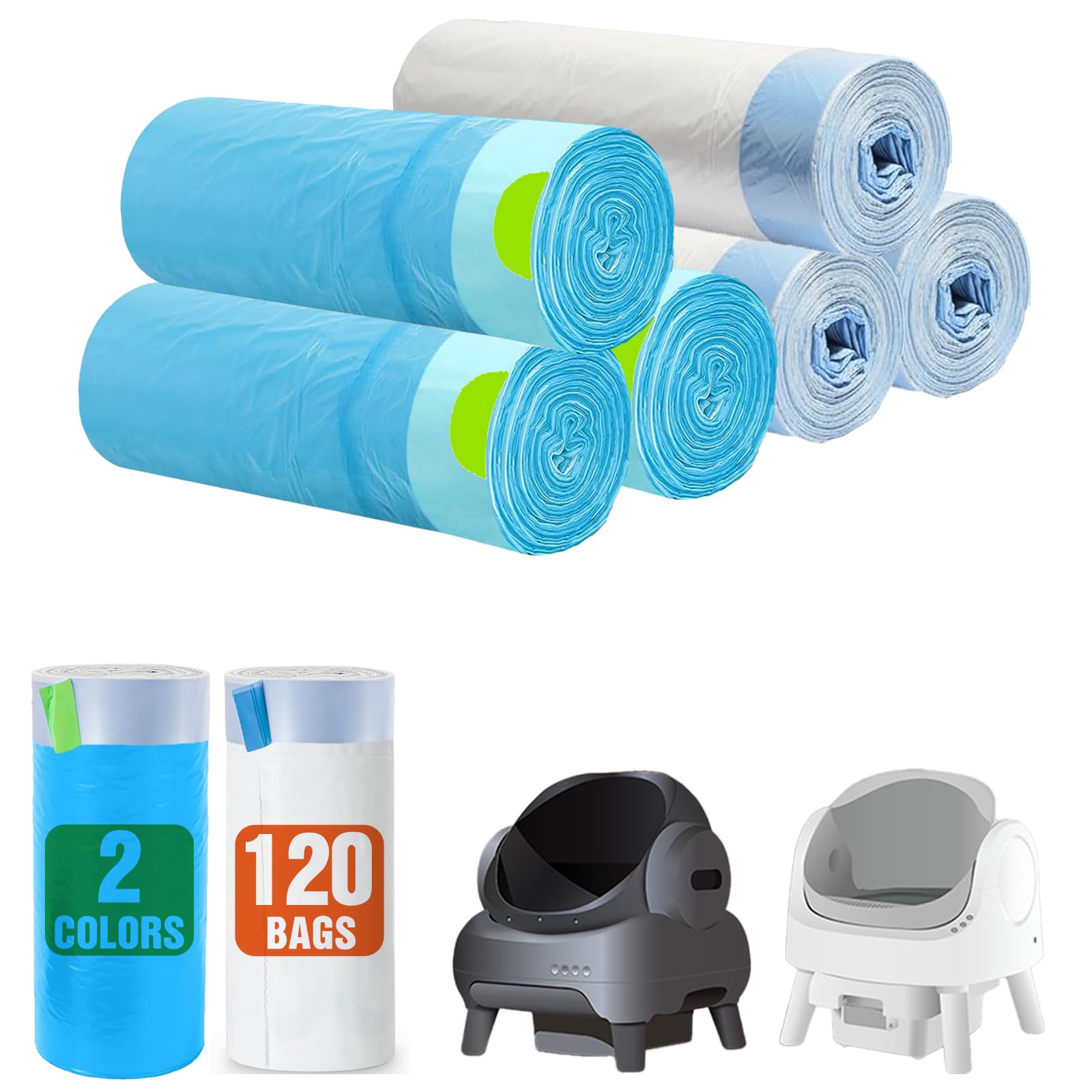Bolsas de arena automáticas para gatos compatibles con Neakasa PetPivot y similar caja de arena abierta autolimpiante para gatos, 120 unidades, cordón resistente, a prueba de fugas, blanco y azul, 27