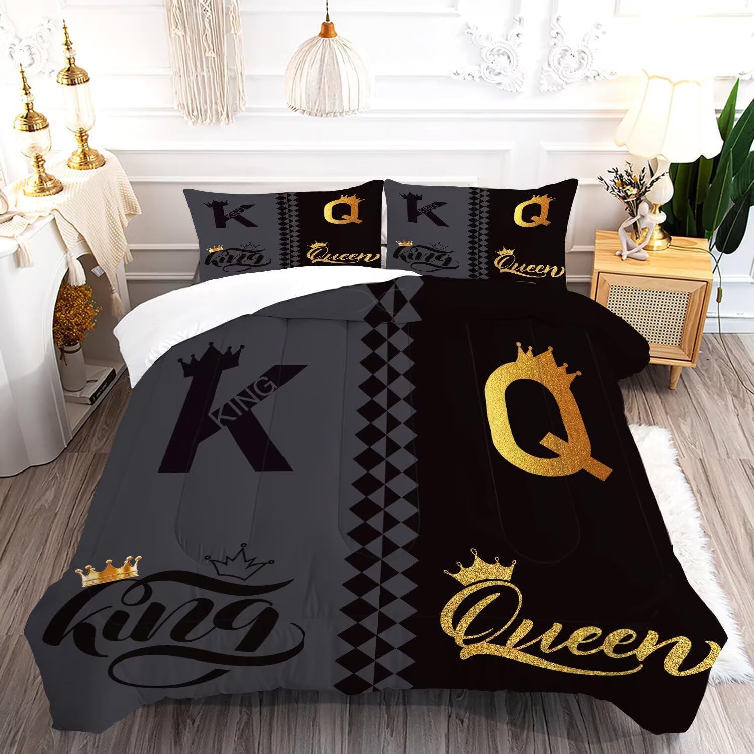 King Queen Crown Comforter Set Full/Queen Size Black Grey Bedding Set for Teens Women Men Adults Couple Quilt Bedroom Decor, 1 Comforter 2 Pillowcases