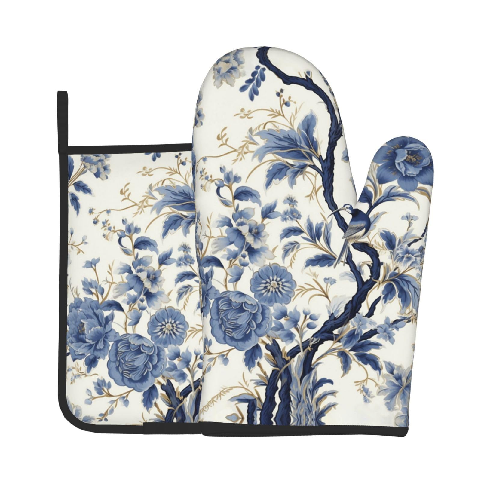 Chinoiserie Style Oven Mitts and Pot Holders Sets Blue Peonies Flowers Oven Gloves Heat Resistant Vintage Floral Birds Trees Kitchen Mitts Hot Pads Two Piece Set for Cooking Baking Grilling BBQ