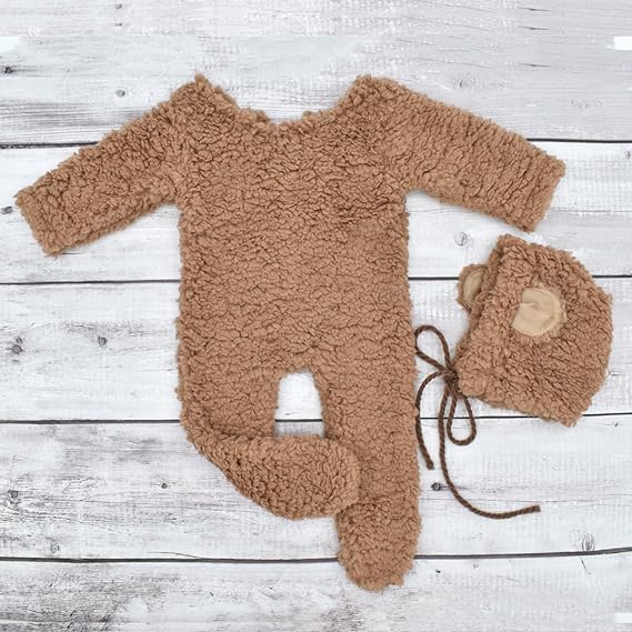 Newborn Photography Bear Outfits Hat & Footed Romper Photo Props