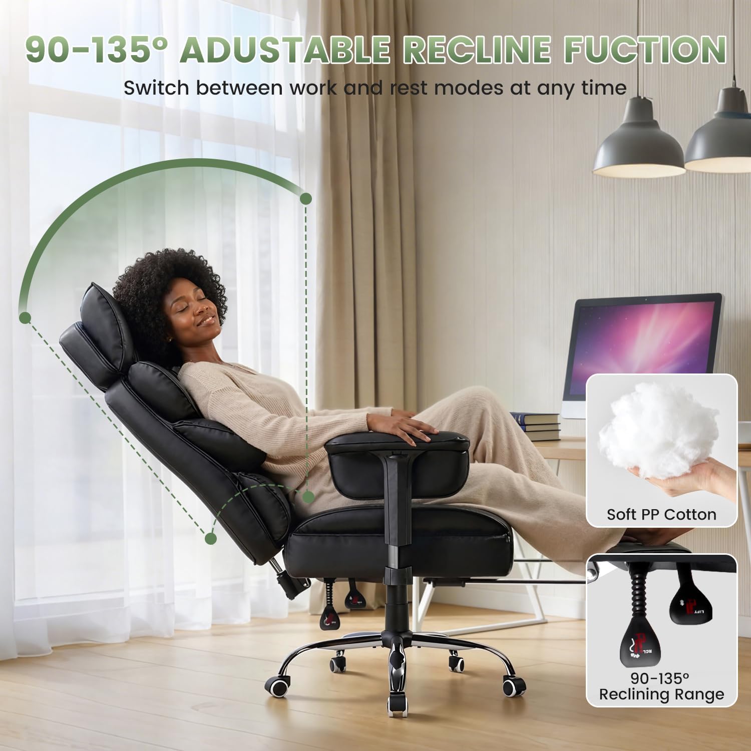 OFIKA Big and Tall Office Chair 600LBS, High Back Executive Desk Chair with Footrest,135°Recline,Executive Ergonomic Office Chair with Air Cushion Lumbar Support and with Adjustable Lift Armrest