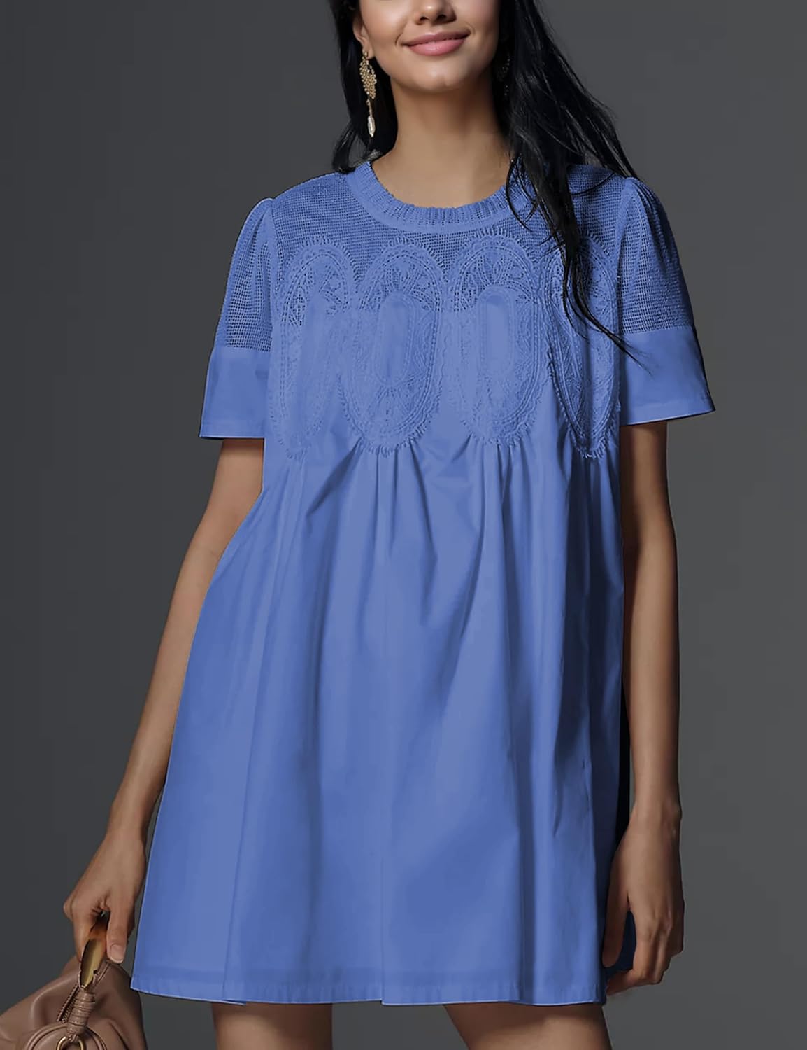 Womens Summer Lace Mini Babydoll Dress Ruffled Collar Short Sleeve Loose Mesh Swing Elegant Flared Sundress - Image 6