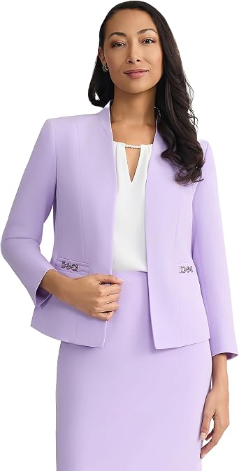 Kasper Womens Kasper Petite Open-Front Seamed Blazer with Buckle-Trim Pockets