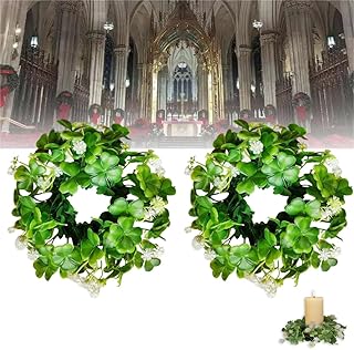 2025 New 7Inch Artificial Shamrock Leaves Wreaths Candle Rings Wreaths, St. Patrick's Day Shamrock Candle Ring Decoration Table Centerpiece for Wedding Home Decoration Party Supplies.