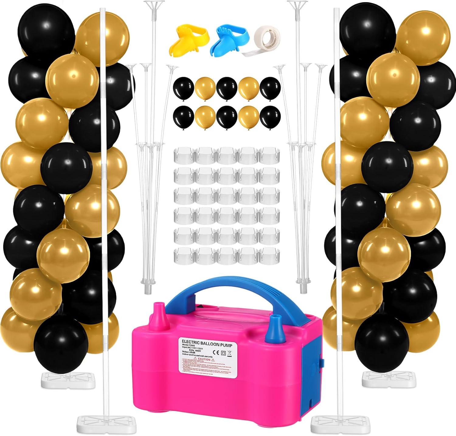 Blueweenly 2 Sets Balloon Column Stand Kit and Electric Balloon Pump Adjustable 7.2 ft Balloon Stand for Floor 100 Pcs Balloons for Graduation Baby Shower Birthday Wedding Party Decor Black and Gold