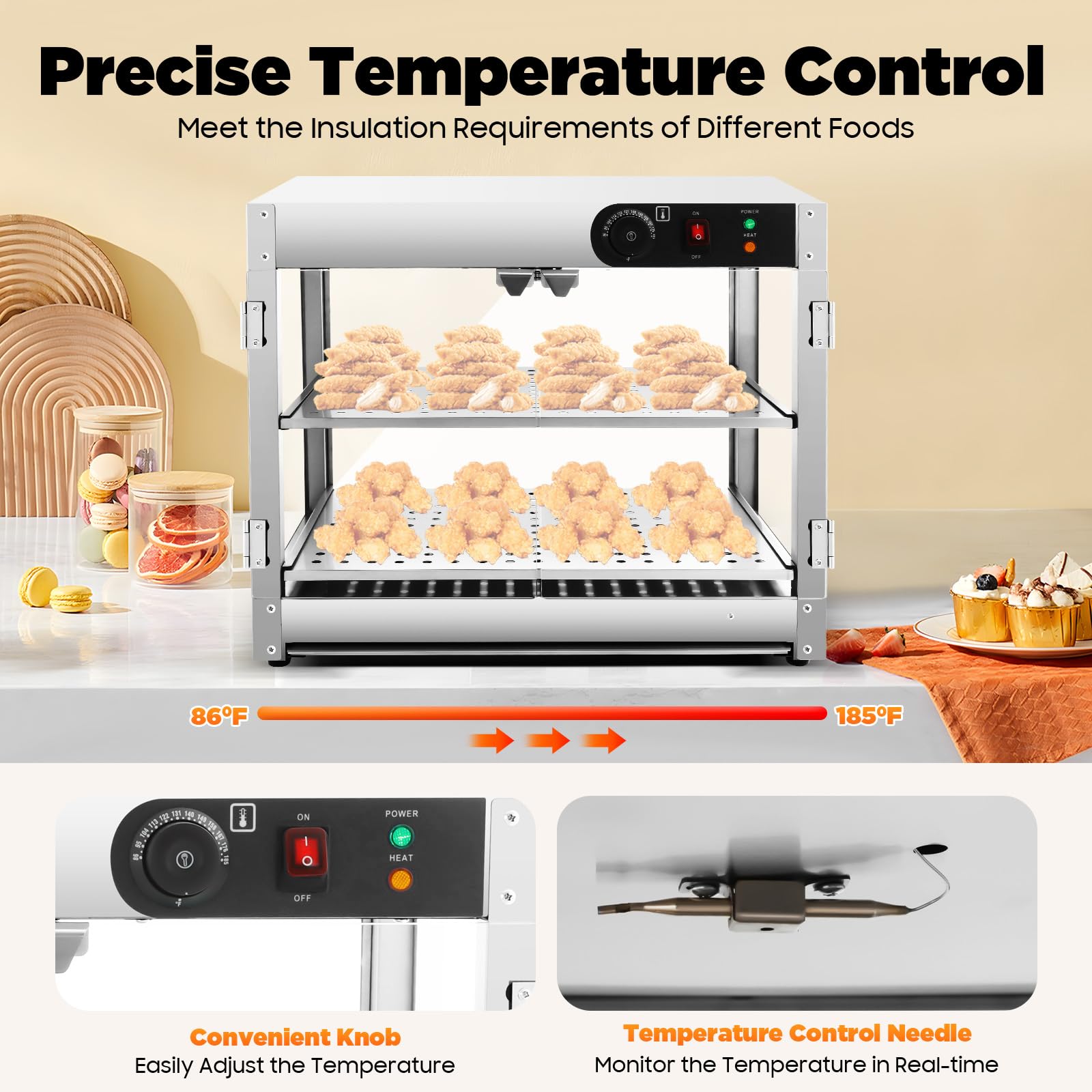 Vetrina calda, scaldavivande elettrica in acciaio inox 201, 2 ripiani da 800 W, portata di calore 30 ~ 85 °C, ripiano 50 x 30 cm, distanza tra i livelli 14 cm