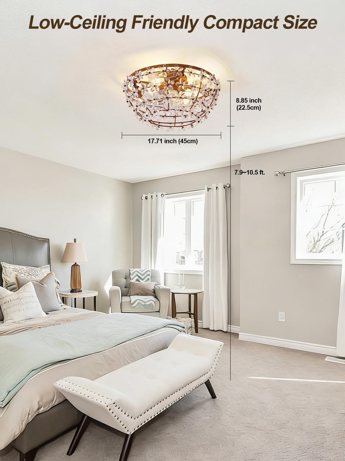 18" Flower Fandelier Ceiling Fan with Light, Crystal Flush Mount Ceiling Fan with Light and Remote, Mid Century Caged for Bedroom, Nursery, Living Room
