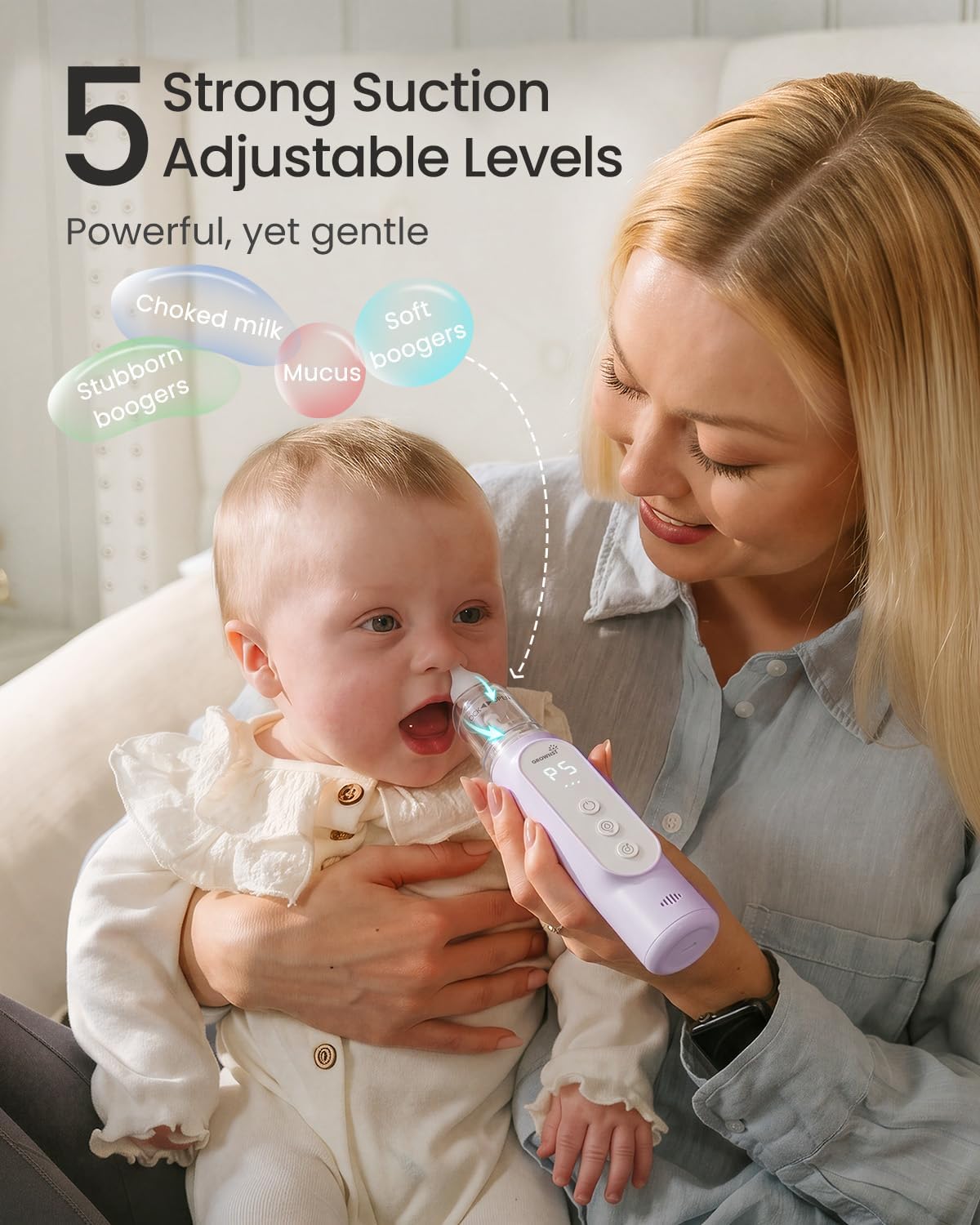 GROWNSY Nasal Aspirator for Baby, Upgraded 5 Suction Levels Baby Nose Sucker, IPX7 Waterproof Electric Nose Suction for Baby, Booger Sucker for Toddlers with Music & Light Functions (Purple)