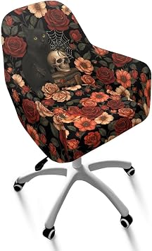 Skull Flower Office Chair Seat Cover Swivel Club Chair Covers Dining Room Slipcovers Modern Curved Back Armrests Dustproof Couch Furniture Protector Easy to Install