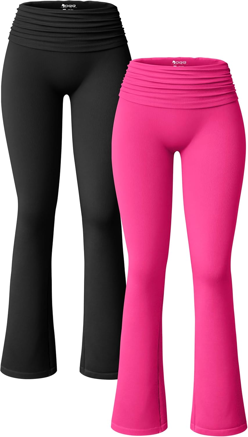 OQQ Women's 2 Piece Flared Pants Ribbed Fold Over Kick Ruched Stretch High Waist Casual Wide Leg