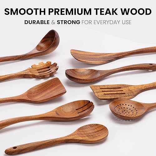 Miniatura 2 de Zulay Kitchen Utensilios de madera de teca de 9 piezas para cocinar, juego de utensilios de teca natural de acabado liso, cucharas de madera