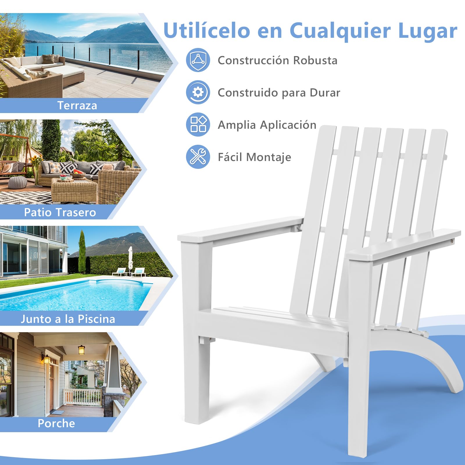 GOPLUS Silla Adirondack de Madera de Acacia, Silla de Jardín con Respaldo y Reposabrazos, Sillón Ergonómica para Terraza Piscina Patio Playa, 68x73x86CM, Carga hasta 160KG (Blanco)