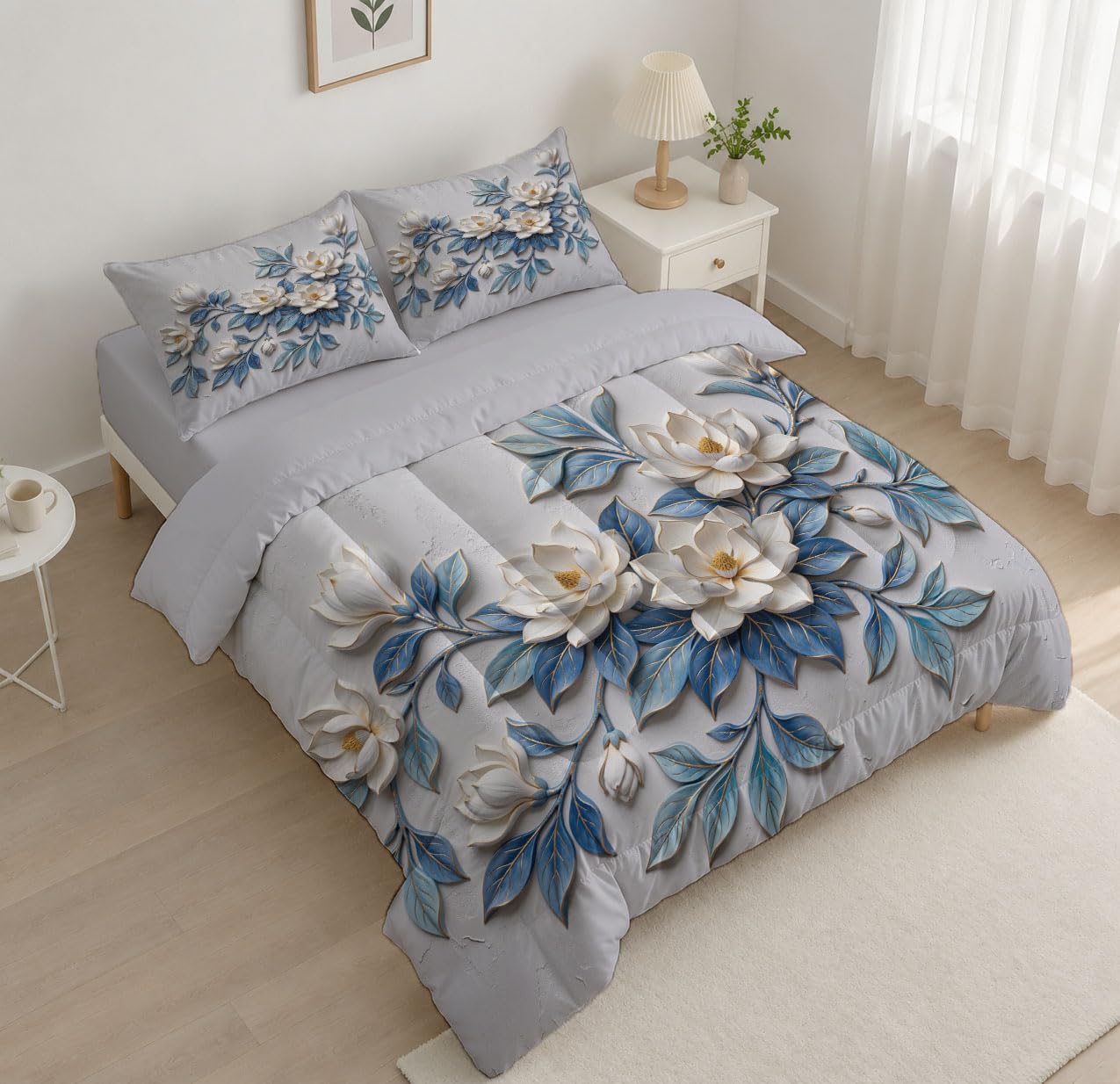 Bettdecke 264X240 cm 4 Jahreszeiten, Nebelblau Französische Blumen Steppdecke, Magnolienzweige Und -Blätter Warme Ganzjahresdecke Bettdecke Ohne Bezug Waschbar Schlafdecke Mit 2 Kissenbezug