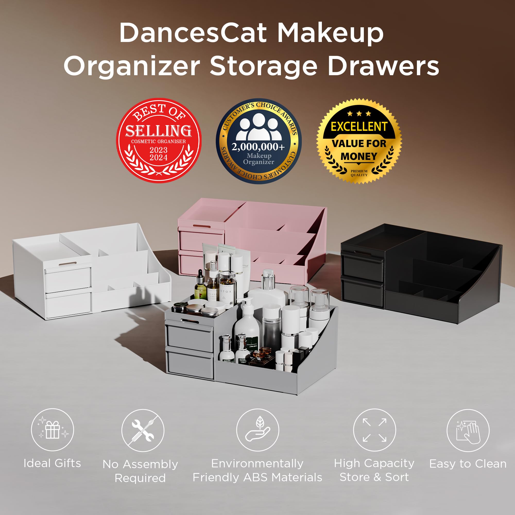 DancesCat Organizer Kosmetyczny Pojemny Łazienkowy z Szufladami - Pojemnik na Szminki, Biżuterię, Kosmetyki do Paznokci i Skóry - Idealny Organizer na Biurko, Toaletkę i Do Łazienki (Szary)