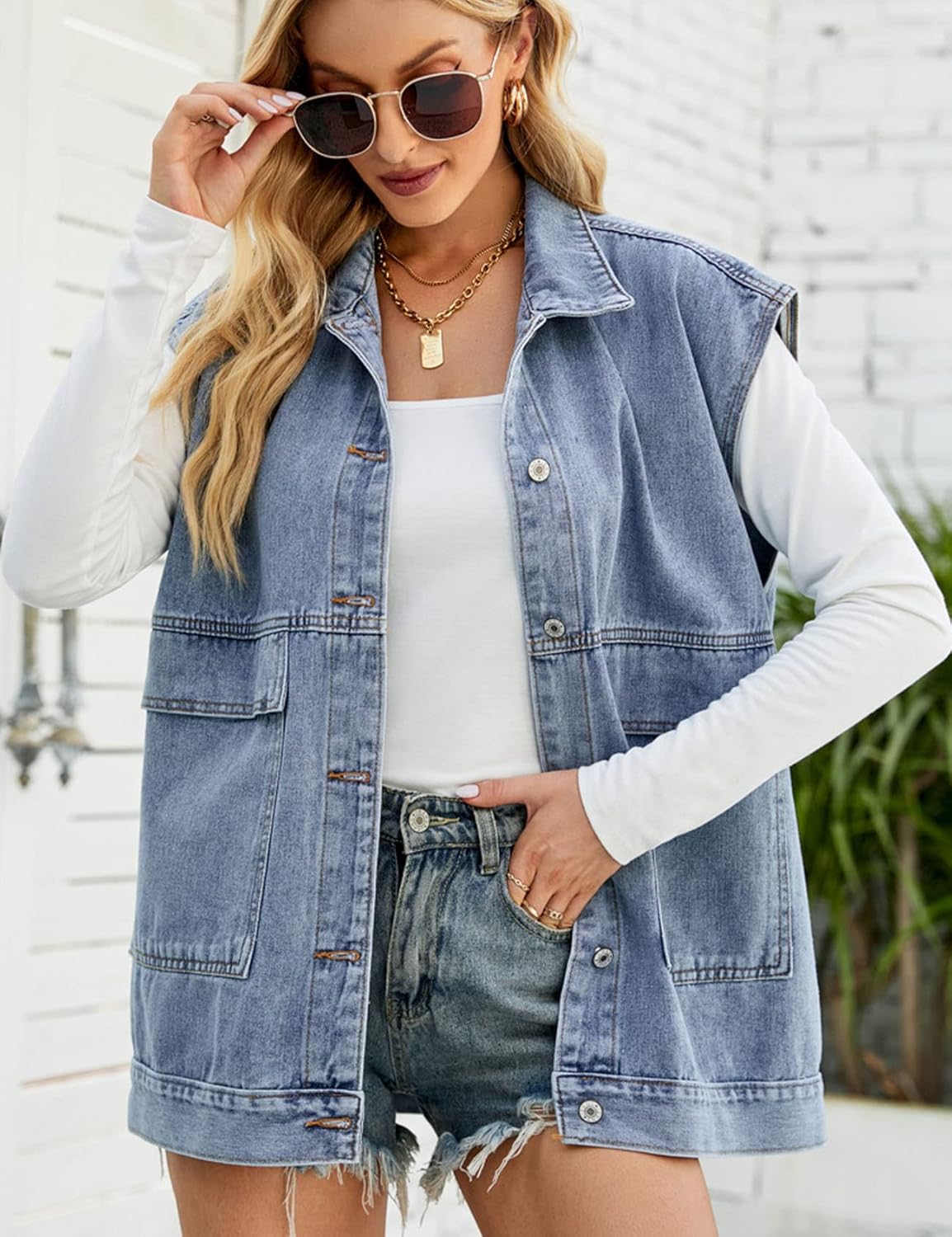 Perbai Women's Oversized Denim Vest Distressed Mid Long Sleeveless Jean Jacket Waistcoat with Pockets - Image 3