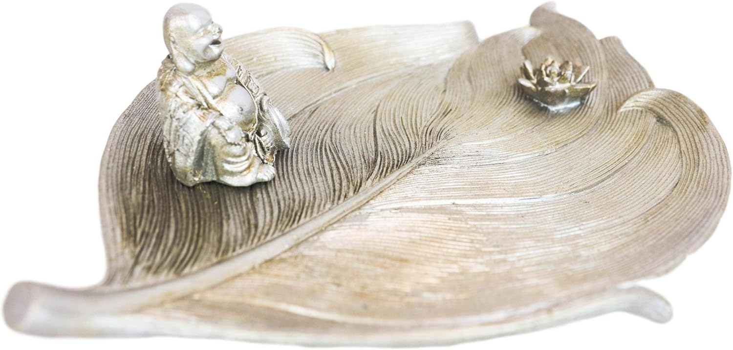 Ebros Gift Buddhism Hotei Laughing Buddha Sitting On Bodhi Tree Leaf with Lotus Flower Incense Stick Holder Burner Figurine Zen Feng Shui Home Fragrance Tabletop Altar Decor