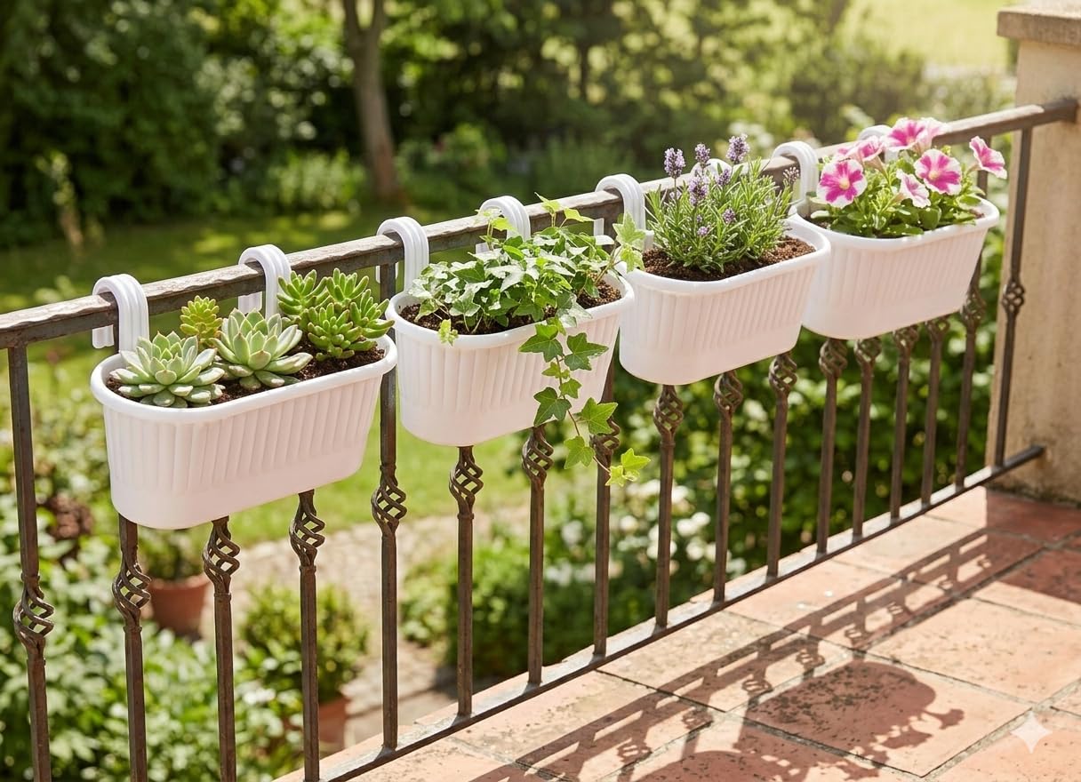 White Railing Planters for Balcony (Set of 4) - Durable Plastic Hanging Flower Pots with Ribbed Design | Opening Length: 39cm, Height: 14cm, Width: 15cm | Ideal for Indoor & Outdoor Gardening 3