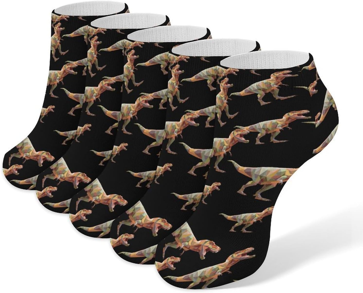 Geometric Dinosaur No Show Ankle Socks Low Cut Non Slip Flat Boat Line 5 Pairs Set