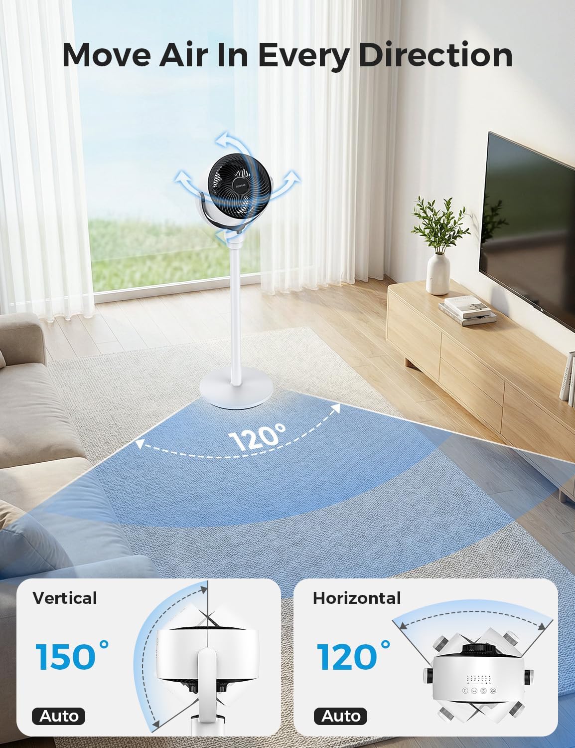 COWSAR Standing Fan for Bedroom, 20dB Quiet Fan, 150°+120°Auto Oscillation Floor Fan with Remote, Adjustable Pedestal Fans for Room, Whole Room Air Circulator Fan, 6 Speeds 3 Modes, 7H Timer, White