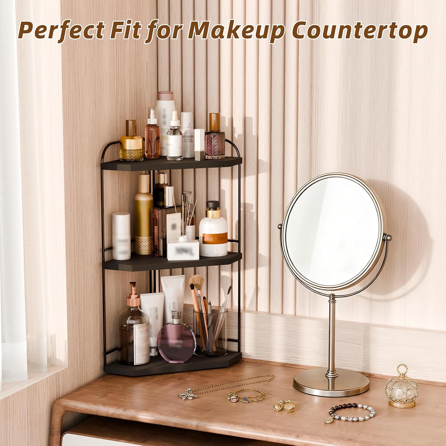 Corner Bathroom Counter Organizer, 3-Tier Wood Countertop Organizer for Perfume, Makeup Storage, Skincare Organizers for Vanity, Counter Corner Shelf for Kitchen, Bathroom, Dresser (Black)