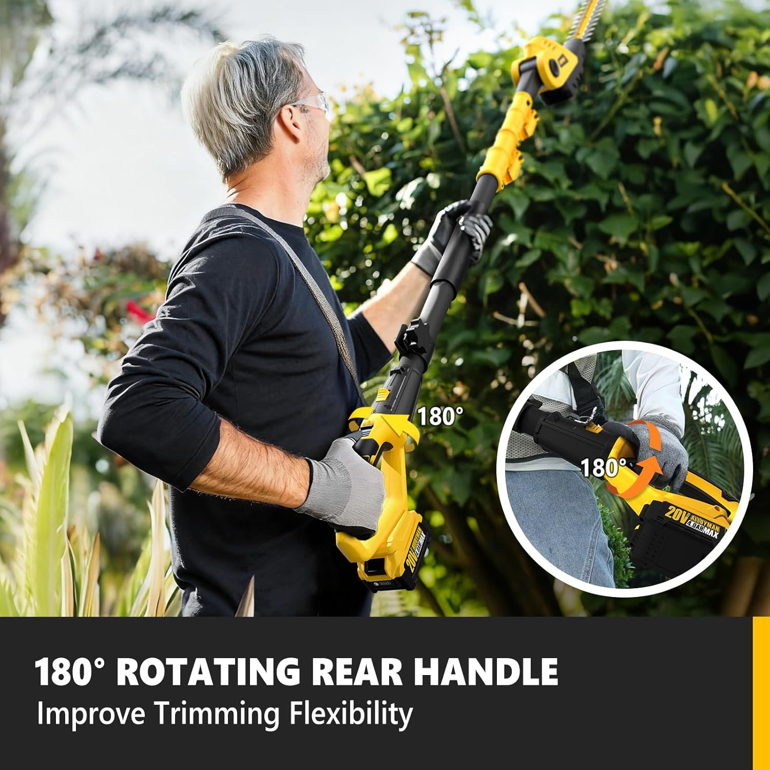 Alloyman 2-in-1 Telescopic Cordless Pole Hedge Trimmer 16-Inch and Pole Saw 8.6-Inch,with 2 Packs 4.0Ah Batteries & Charger,for Tree Trimming and Shrubs Pruning