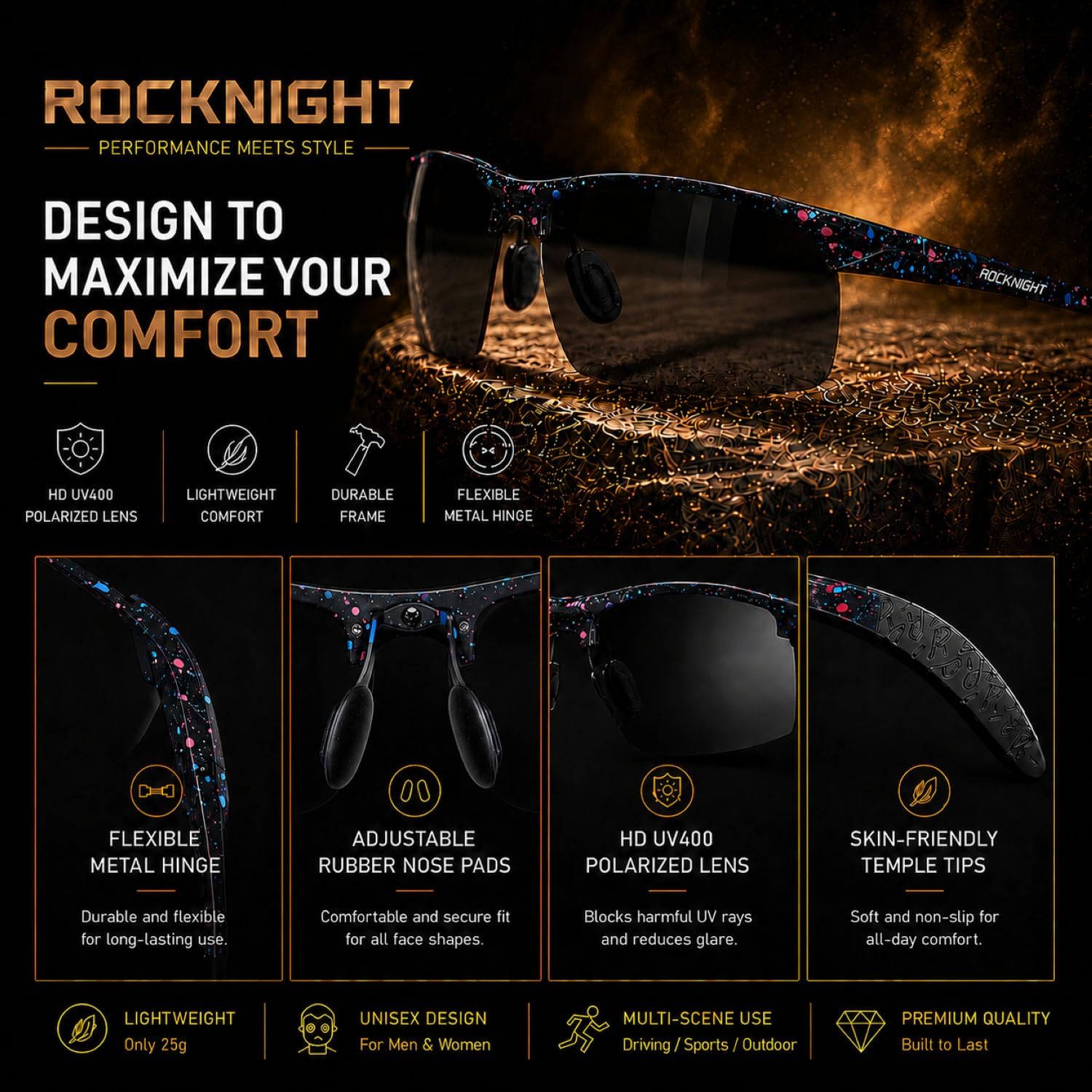 ROCKNIGHT Polarized Rectangular Sunglasses for Men Driving UV400 Protection Lightweight Al‑Mg Frame