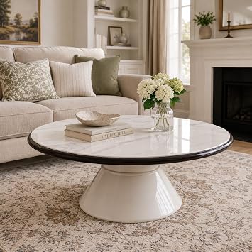 27.95" Round Coffee Table, Modern Tempered Glass Coffee Table with Pedestal Base, Circular Accent Table for Living Room, Apartment & Reception Room, Cream White