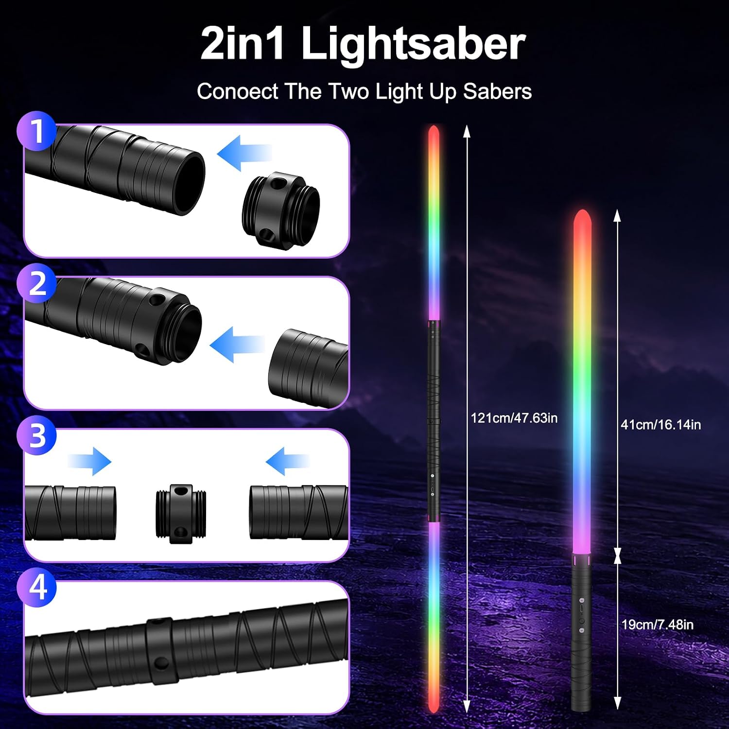 Lightsaber 23.62Inch, Smart IC+RGB Light Sabers 2-in-1 | Dual Light Swords Set, USB Rechargeable, FX Sound, 21 Color Changing, Realistic Handle for Cosplay Halloween Xmas Gift Galaxy