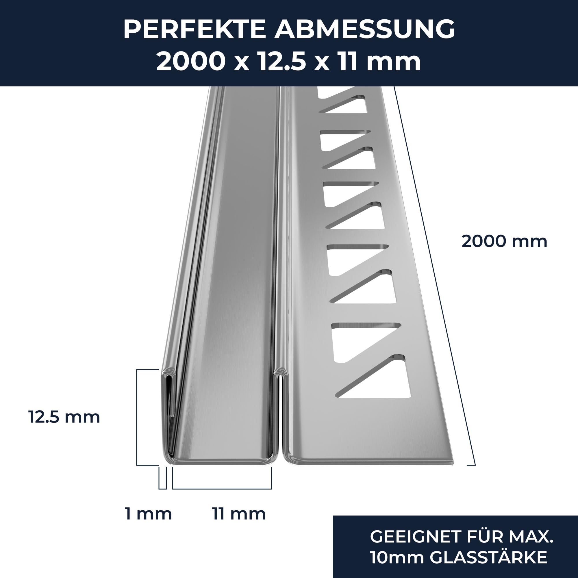Perfil vidrio 200cm x 11mm x 12,5mm acero inoxidable cepillado | Perfil para baldosas con perfil en U para montaje en el suelo en el baño - perfil de sujeción de cristal
