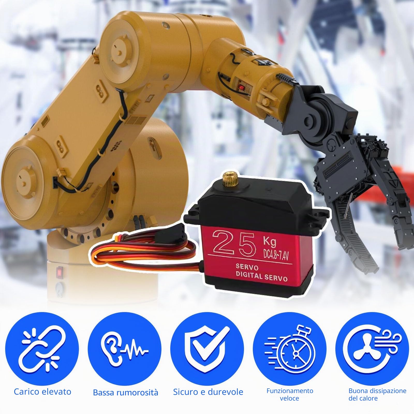 HTTYHT Servo Rc 25 Kg Servomotore 180 Gradi Metallo Gear Servo Motore Digitale High Speed Torque 7.4V DC per Arduino 1/8 1/10 1/12 Servocomando Modellismo Mano Robotica con cavo 25T Horn Servoarm