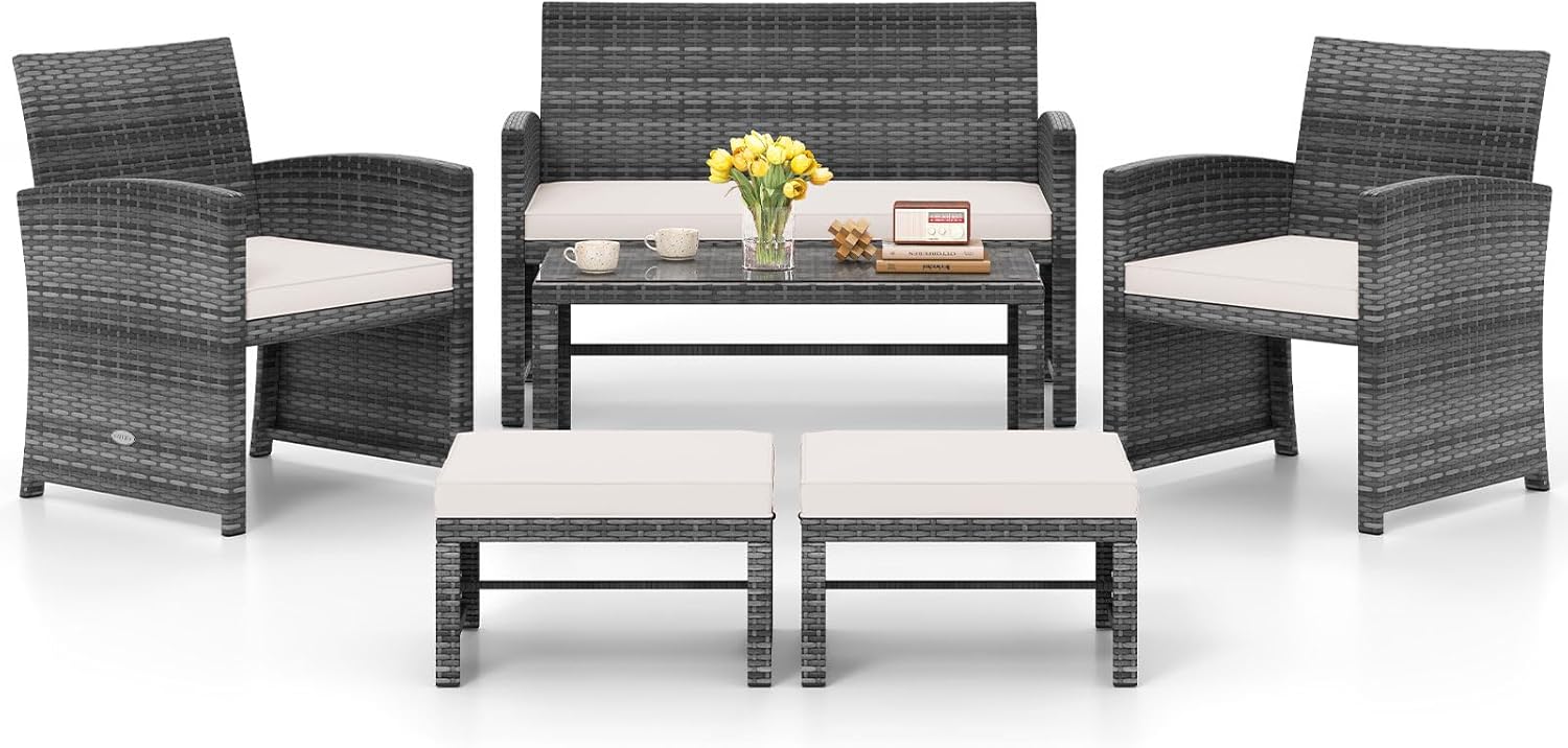 Tangkula 5 Pieces Patio Conversation Furniture Set, PE Wicker Outdoor Cushioned Chairs with 2 Ottomans, and Storage Coffee Table, for Porch, Garden and Balcony