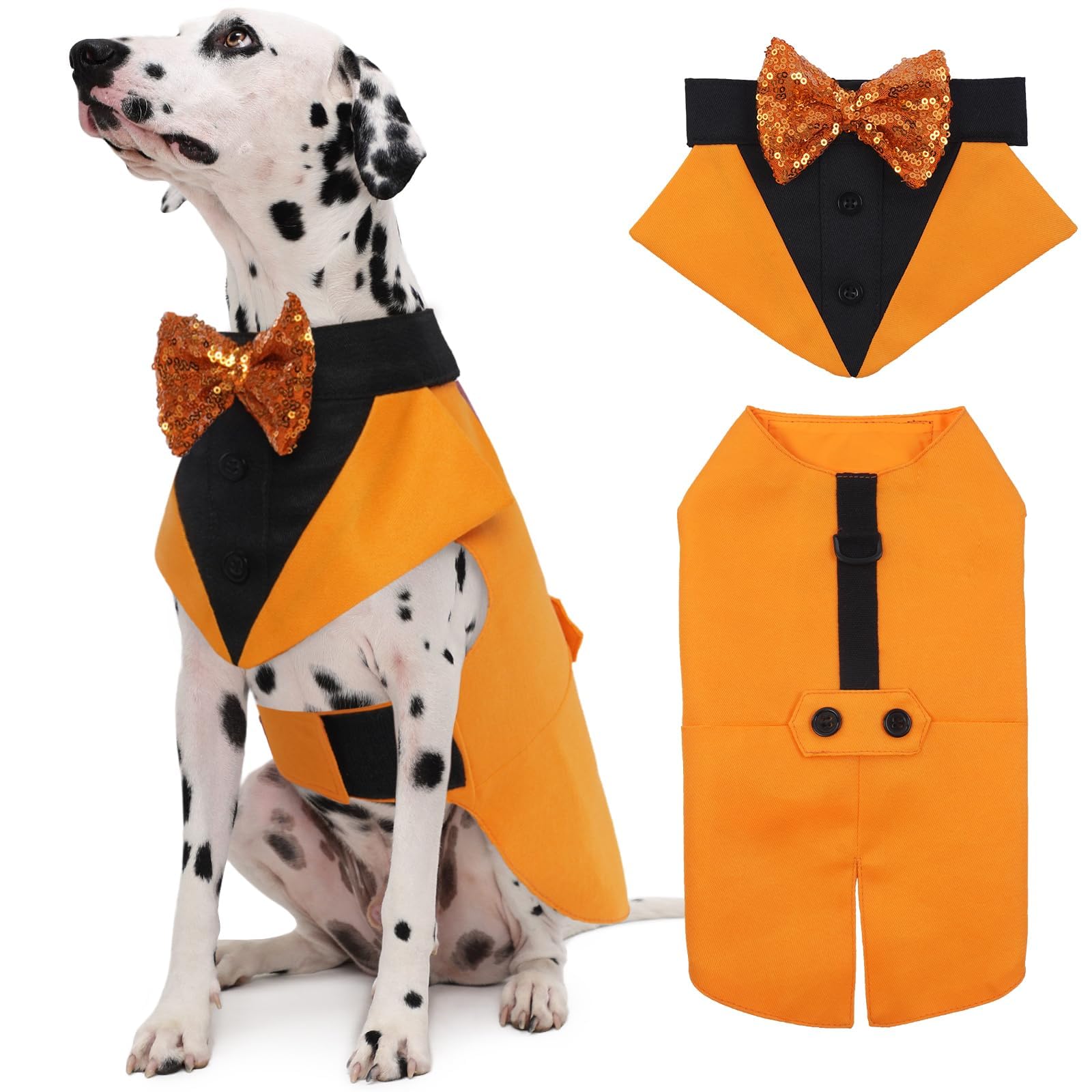 Kuoser Dog Tuxedo Suit and Bandana Set, Pumpkin Color Dogs Thanksgiving Outfit Adjustable Dog Halloween Costume with Bow Tie for Large Medium Small