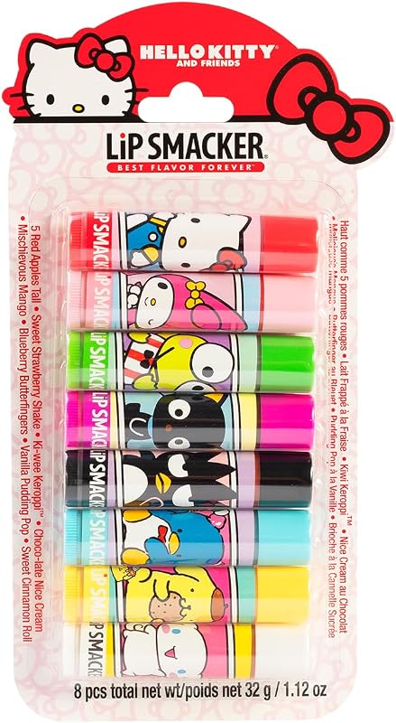 Lip Smacker Sanrio Hello Kitty and Friends Bálsamo labial con sabor de 8 piezas, My Melody, Little Twin Stars y Chococat, hidratante y protector, sin crueldad