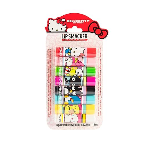 Lip Smacker Sanrio Hello Kitty and Friends - Bálsamo labial saborizado de 8 piezas, My Melody, Little Twin Stars y Chococat, hidratante y protector,