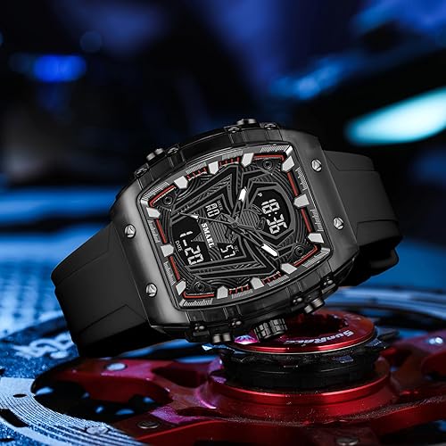 Miniatura 2 de SMAEL Relojes para hombre único cuadrado negro reloj de pulsera con pantalla digital analógica doble hora cronómetro Punk Cool diseño 5ATM