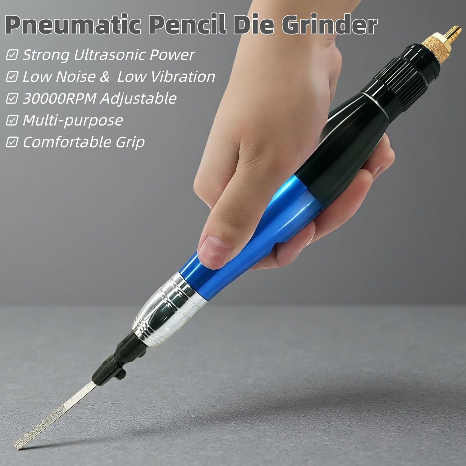 1/8” Micro Air Die Grinder, Pneumatic Pencil Die Grinder, Mini Reciprocating Polishing Grinder Tool with 10 Diamond Files, 30000RPM Adjustable, 1/4” Air Inlet, for Polishing Deburring Engraving