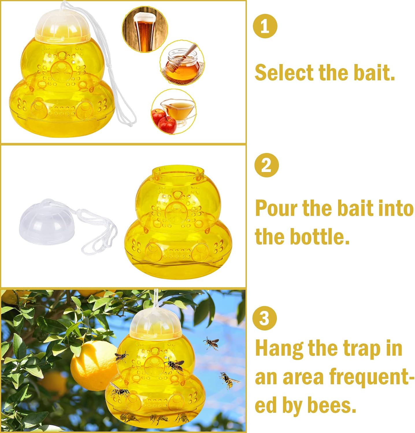 2 Pack Wasp Traps Outdoor, Yellow Jacket Killer, Reusable Carpenter Bee Traps for Outside, Plastic Bee Catcher Hornet Trap for Garden, Farm, Insect Killer, Yellow