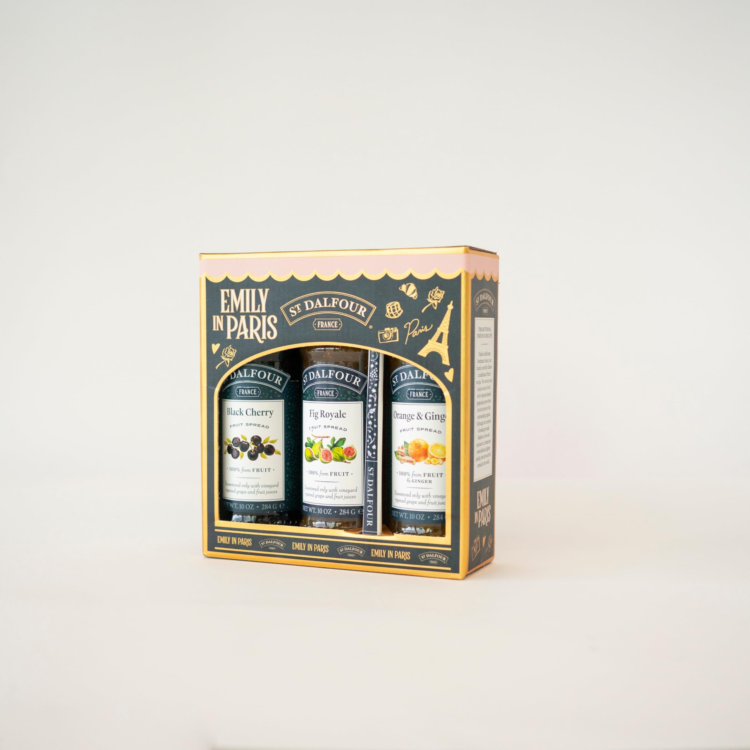 St. Dalfour Confezione Regalo – Edizione Emily in Paris – 100% frutta, senza zuccheri aggiunti, senza glutine – 3x284g (Fragola/Lampone/Ciliegie) (Ciliegie, Fichi, Arancia-Zenzero)