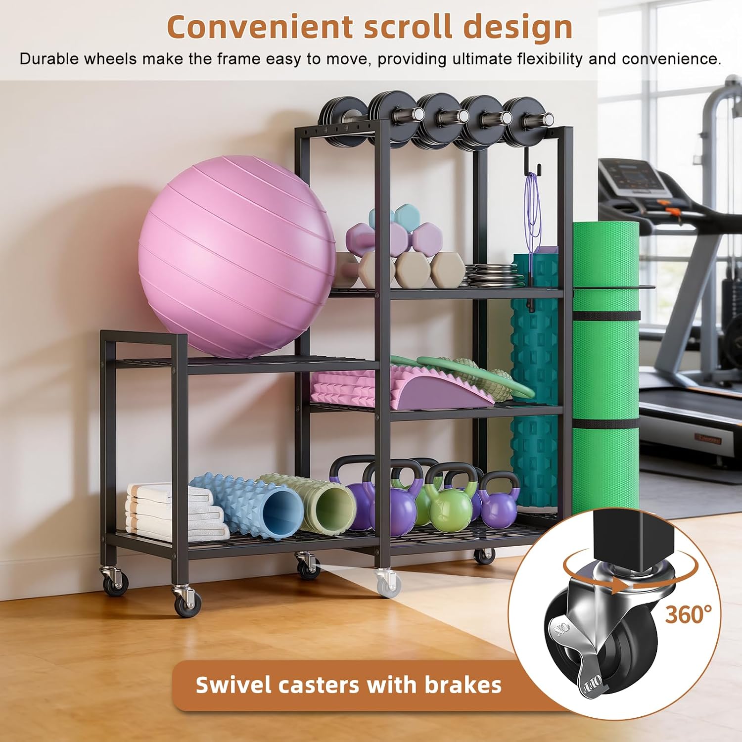 6-Tier Home Gym Storage Rack with Wheels, Dumbbell Rack, Yoga Mat Storage Holder, Adjustable Weight Rack for Dumbbells Kettlebells Yoga Mat, Workout Equipment Storage Organizer Stand