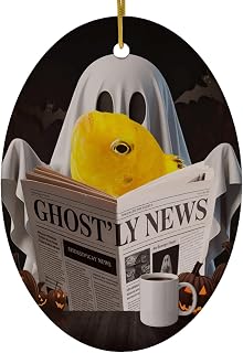 Spooky Halloween Funny Electric Yellow Cichlid and Ghost Reading Christmas Ornament Oval Ceramic White - Novelty Pet Portrait Xmas Decor Gifts for Electric Yellow Fish Lovers