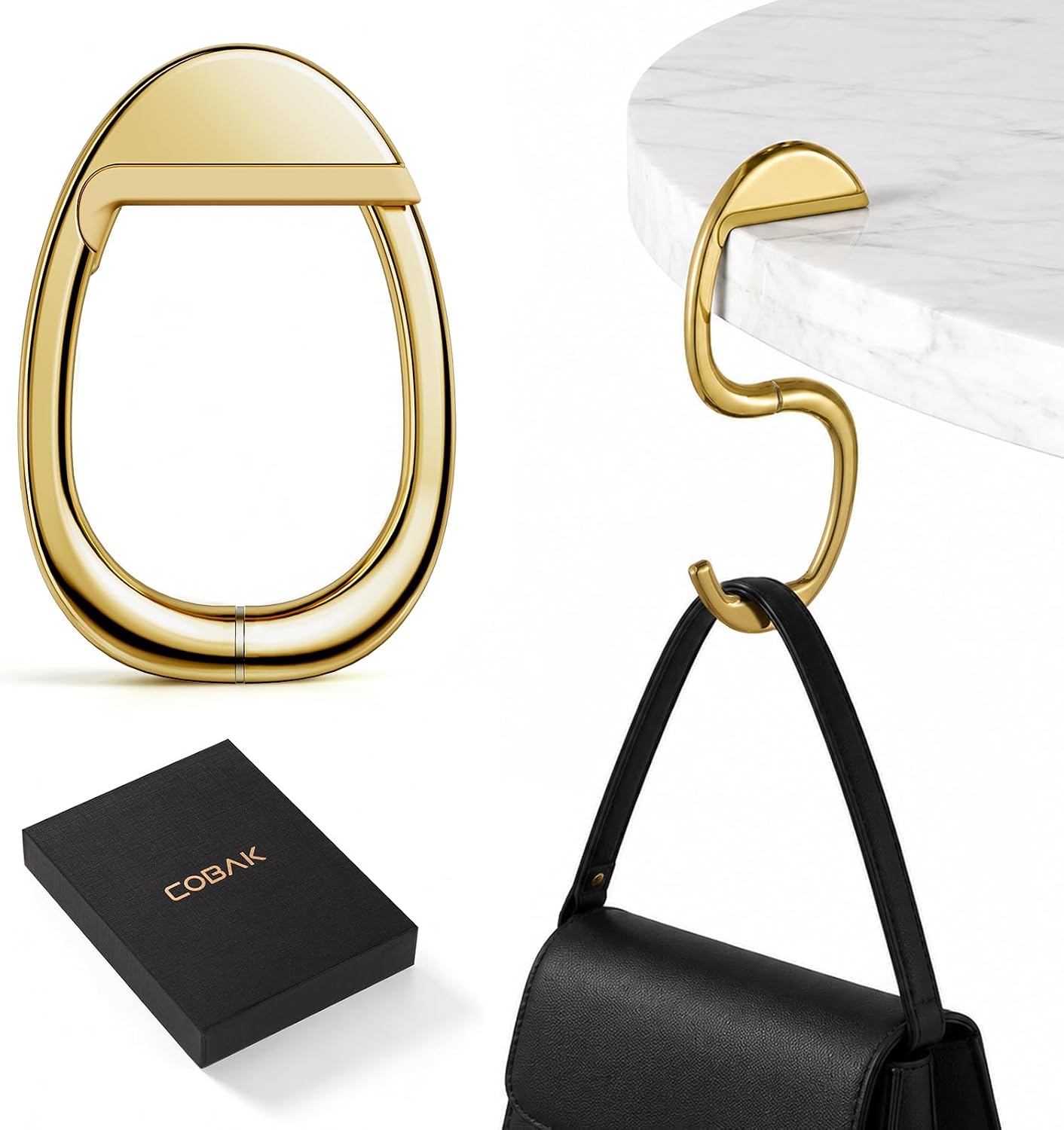 CoBak Portable Purse Hanger for Table - Newly Redesigned Magnetic Bag Hook, Deceptively Strong Handbag Holder Holds up to 50 lbs, Compact Travel & Dining Essential, Luxury Gift Box Included (Gold)