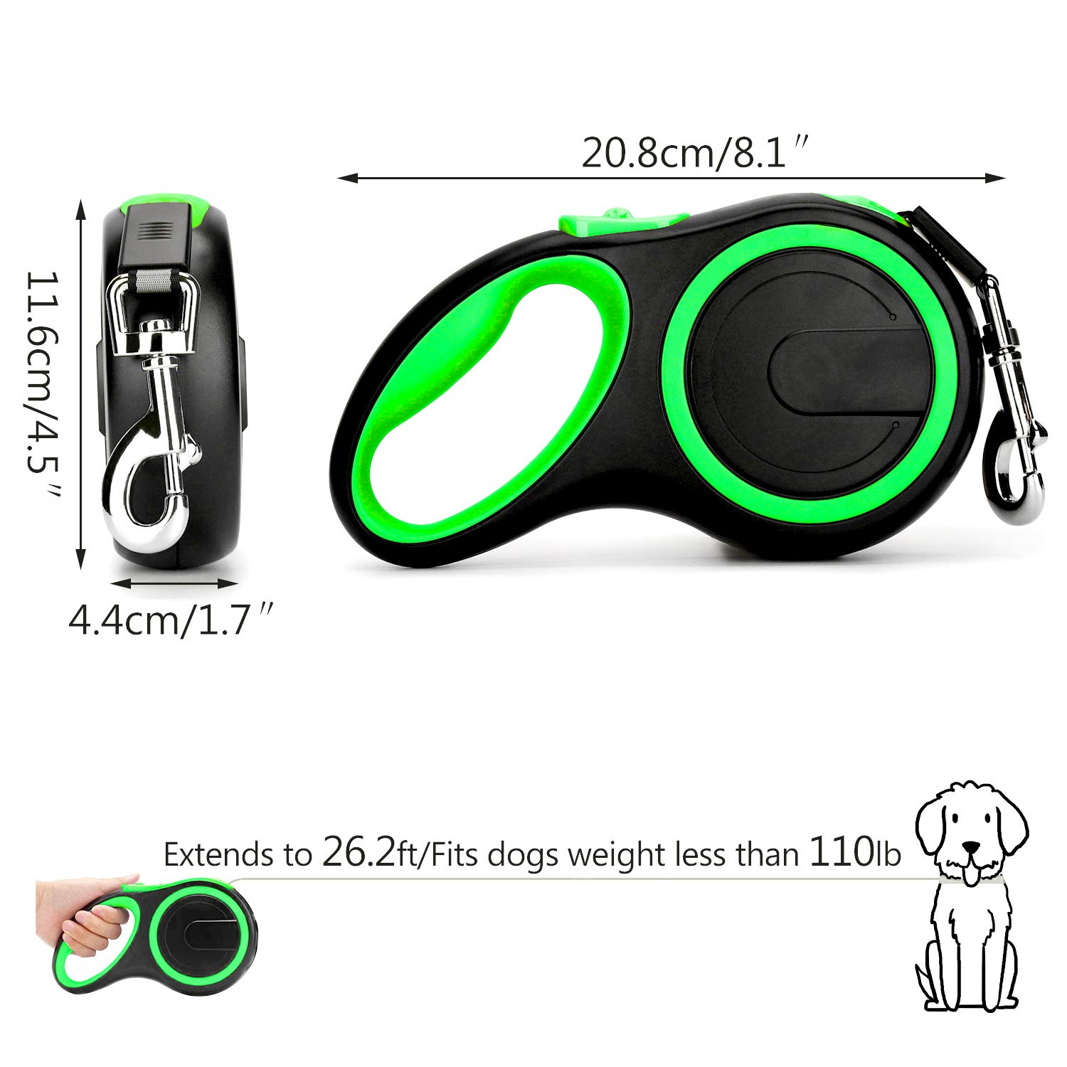 Segarty - Correa de Perro retráctil de 26 pies para Perros de Raza pequeña, Mediana y Grande, con un botón de Rotura y Bloqueo, 100 Libras Resistente sin enredos, Color Verde