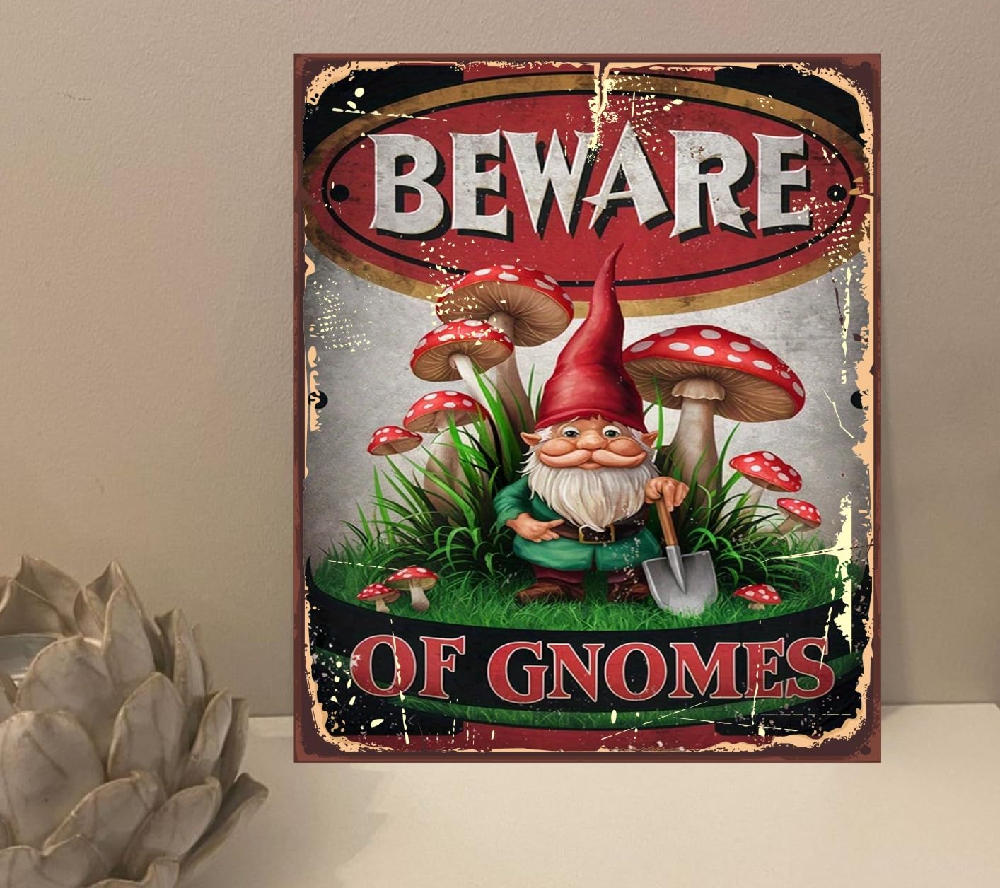 1x Beware Garden Gnomes Funny Rustic Retro Metal Novelty Plaque Sign Gift mt867 (200mm x 150mm)