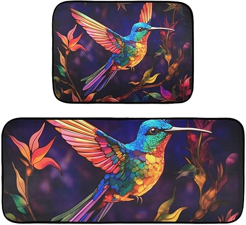 Juego de 2 tapetes de cocina para piso, estampado brillante de colibrí, antideslizantes, acolchados, absorbentes de agua, tapetes para puerta para