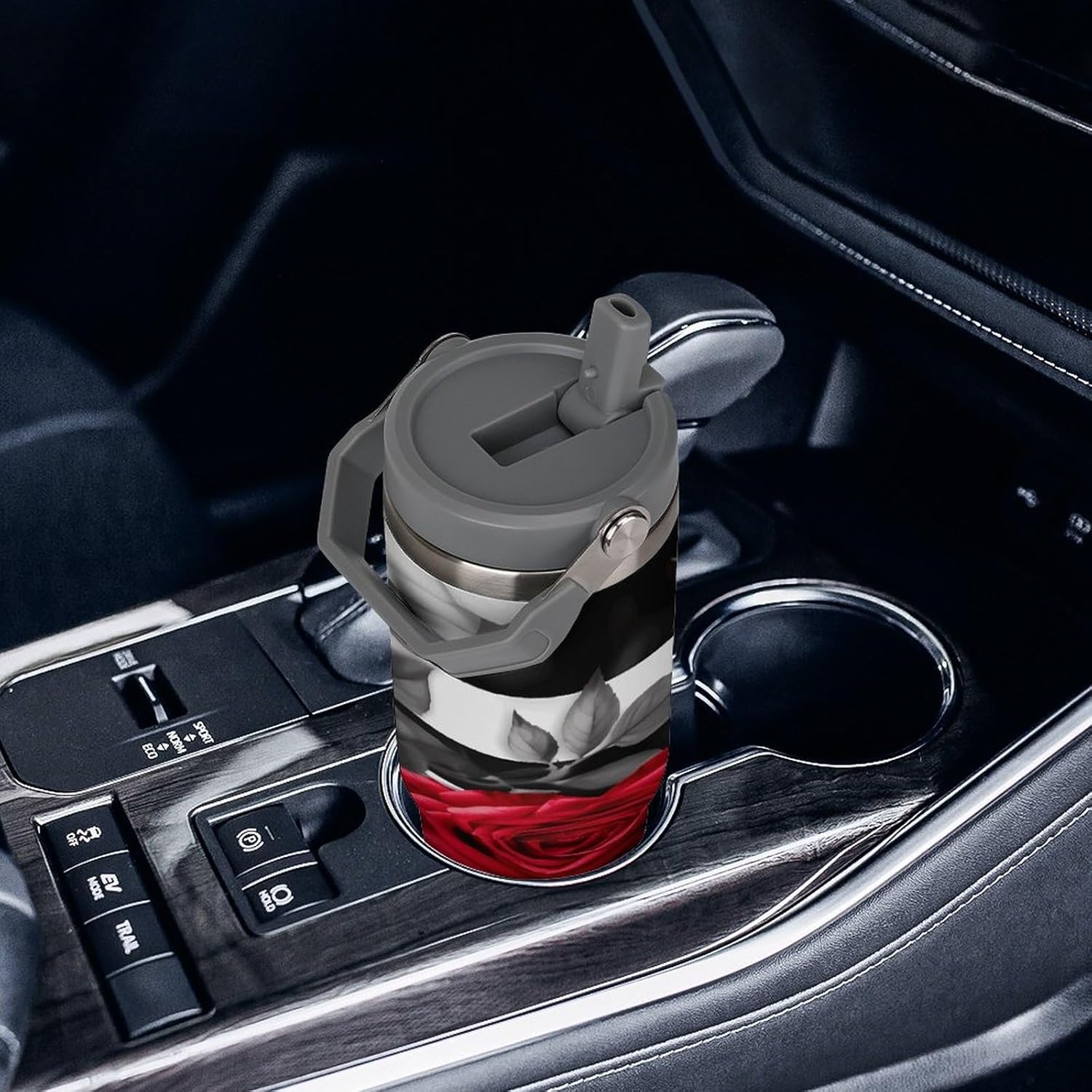 Black White Stripes Red Rose Flowers Water Bottle 30 Oz Fits Car Cup Holder,Insulated Coffee Mug Large Capacity Car Cups,Stainless Steel Double Wall Sport Bottle for Travel Sports Gym